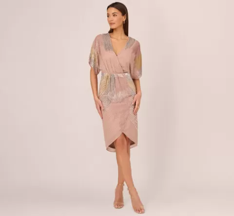 Adrianna Papell Beaded Faux Wrap Dress With Dolman Sleeves In Rose Gold ROSEGOLD Online