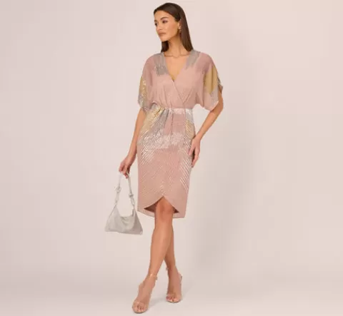 Adrianna Papell Beaded Faux Wrap Dress With Dolman Sleeves In Rose Gold ROSEGOLD Online