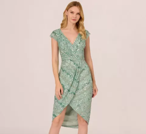 Adrianna Papell Beaded Faux Wrap Dress With Sheer Cap Sleeves In Icy Sage ICYSAGE Outlet