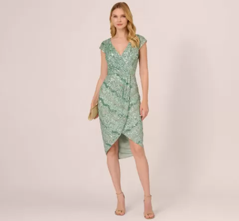 Adrianna Papell Beaded Faux Wrap Dress With Sheer Cap Sleeves In Icy Sage ICYSAGE Outlet