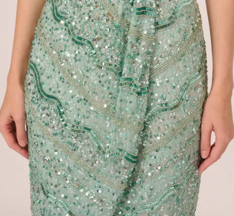 Adrianna Papell Beaded Faux Wrap Dress With Sheer Cap Sleeves In Icy Sage ICYSAGE Outlet