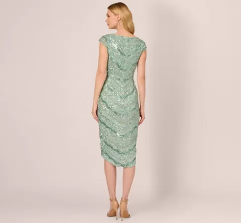 Adrianna Papell Beaded Faux Wrap Dress With Sheer Cap Sleeves In Icy Sage ICYSAGE Outlet