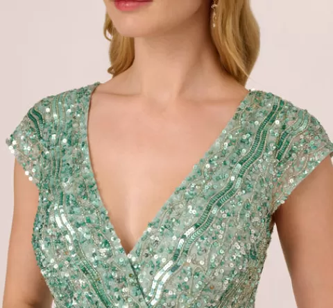 Adrianna Papell Beaded Faux Wrap Dress With Sheer Cap Sleeves In Icy Sage ICYSAGE Outlet
