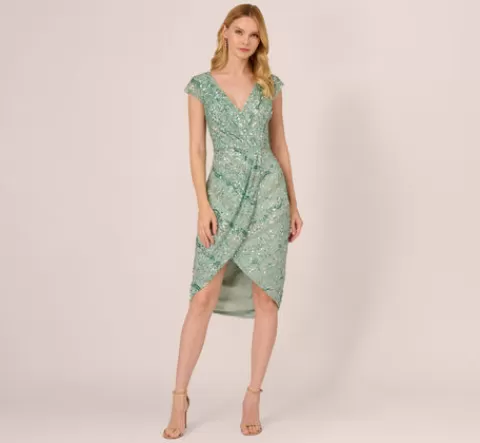 Adrianna Papell Beaded Faux Wrap Dress With Sheer Cap Sleeves In Icy Sage ICYSAGE Outlet