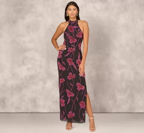 Adrianna Papell Beaded Floral Halter Column Gown With Mock Neck In Black Multi BLACKMULTI Best Sale