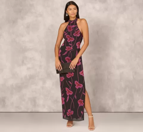 Adrianna Papell Beaded Floral Halter Column Gown With Mock Neck In Black Multi BLACKMULTI Best Sale