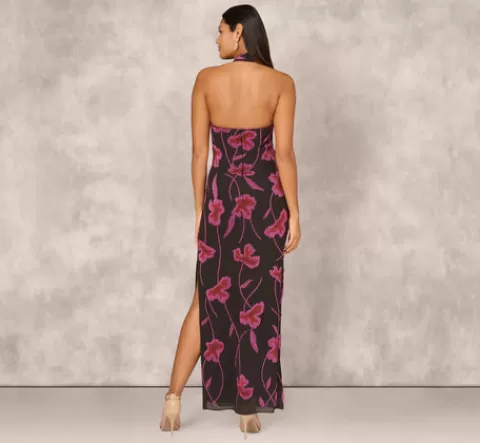 Adrianna Papell Beaded Floral Halter Column Gown With Mock Neck In Black Multi BLACKMULTI Best Sale