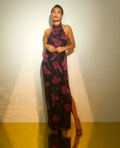 Adrianna Papell Beaded Floral Halter Column Gown With Mock Neck In Black Multi BLACKMULTI Best Sale
