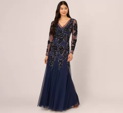 Adrianna Papell Beaded Long Sleeve Mermaid Gown With Velvet Trim In Light Navy LIGHTNAVY New