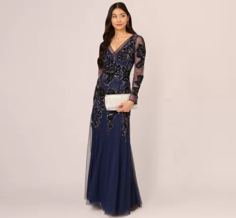 Adrianna Papell Beaded Long Sleeve Mermaid Gown With Velvet Trim In Light Navy LIGHTNAVY New