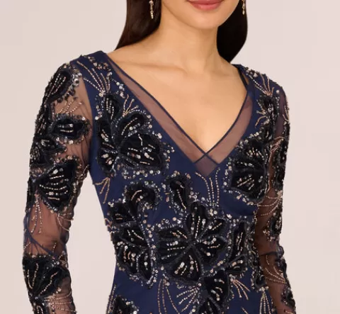 Adrianna Papell Beaded Long Sleeve Mermaid Gown With Velvet Trim In Light Navy LIGHTNAVY New