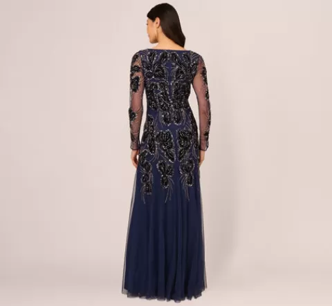Adrianna Papell Beaded Long Sleeve Mermaid Gown With Velvet Trim In Light Navy LIGHTNAVY New