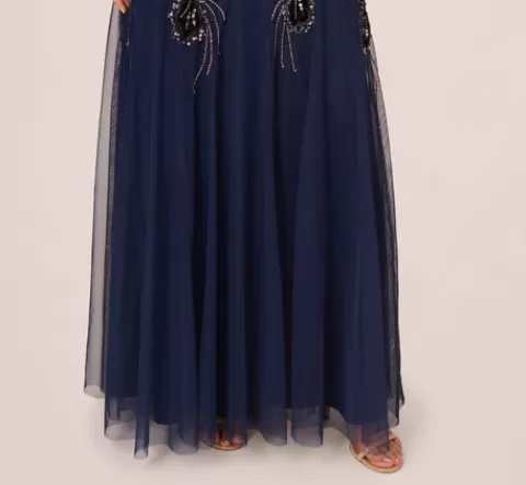 Adrianna Papell Beaded Long Sleeve Mermaid Gown With Velvet Trim In Light Navy LIGHTNAVY New
