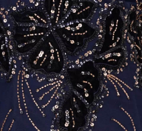Adrianna Papell Beaded Long Sleeve Mermaid Gown With Velvet Trim In Light Navy LIGHTNAVY New