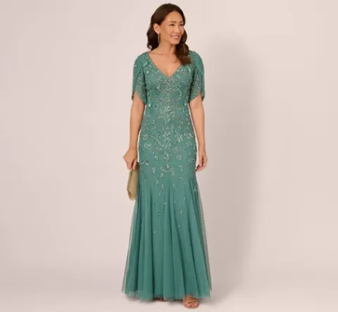 Adrianna Papell Beaded Mermaid Gown With Sheer Petal Sleeves In Green Slate GREENSLATE Best Sale
