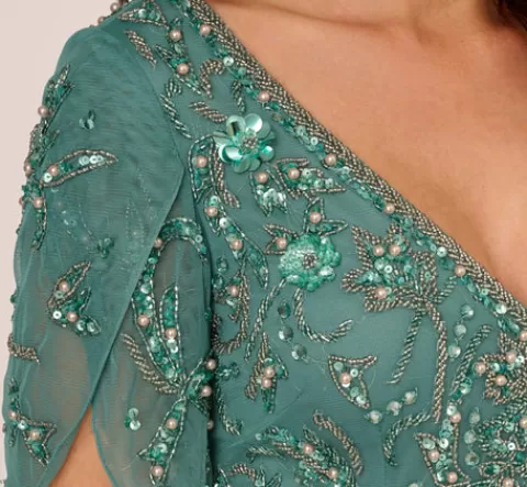 Adrianna Papell Beaded Mermaid Gown With Sheer Petal Sleeves In Green Slate GREENSLATE Best Sale