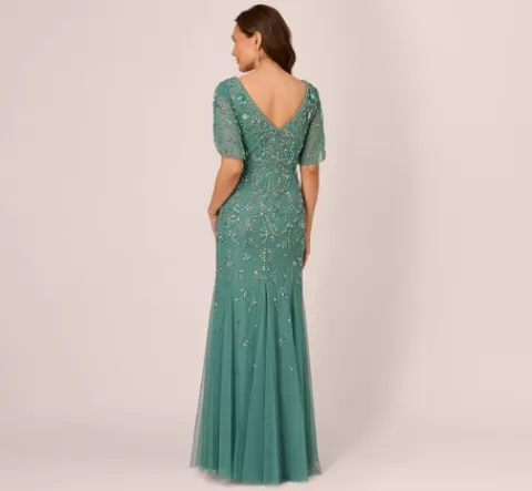 Adrianna Papell Beaded Mermaid Gown With Sheer Petal Sleeves In Green Slate GREENSLATE Best Sale