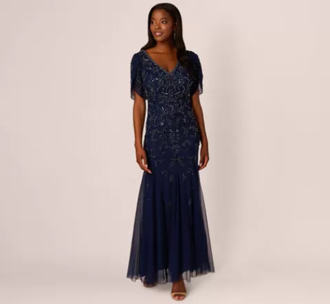 Adrianna Papell Beaded Mermaid Gown With Sheer Petal Sleeves In Light Navy LIGHTNAVY Clearance