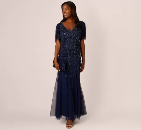 Adrianna Papell Beaded Mermaid Gown With Sheer Petal Sleeves In Light Navy LIGHTNAVY Clearance