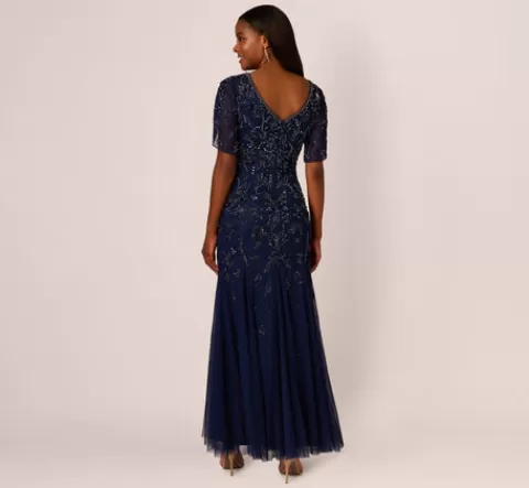Adrianna Papell Beaded Mermaid Gown With Sheer Petal Sleeves In Light Navy LIGHTNAVY Clearance
