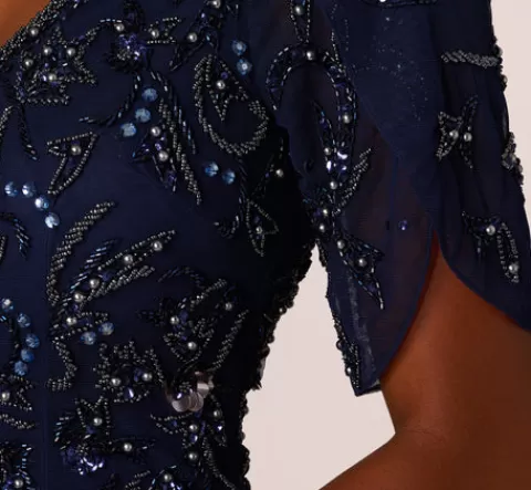 Adrianna Papell Beaded Mermaid Gown With Sheer Petal Sleeves In Light Navy LIGHTNAVY Clearance
