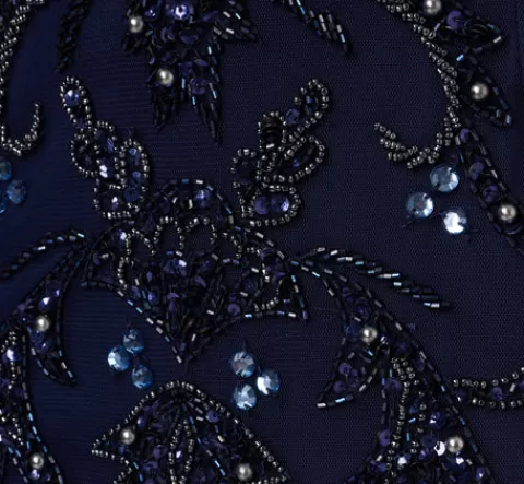 Adrianna Papell Beaded Mermaid Gown With Sheer Petal Sleeves In Light Navy LIGHTNAVY Clearance