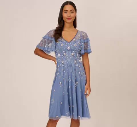 Adrianna Papell Beaded Midi Dress With Sheer Ruffled Sleeves In French Blue FRENCHBLUE Outlet