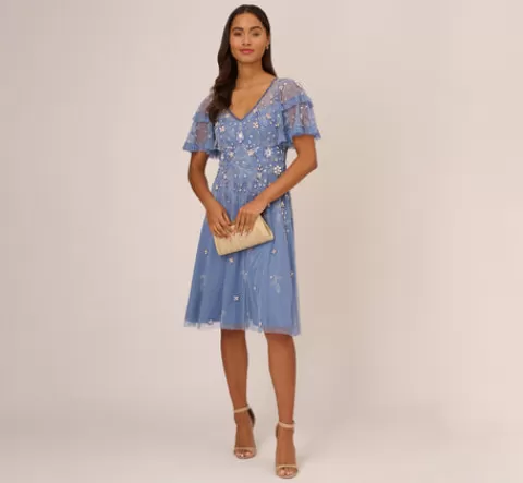 Adrianna Papell Beaded Midi Dress With Sheer Ruffled Sleeves In French Blue FRENCHBLUE Outlet