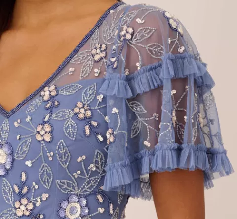 Adrianna Papell Beaded Midi Dress With Sheer Ruffled Sleeves In French Blue FRENCHBLUE Outlet