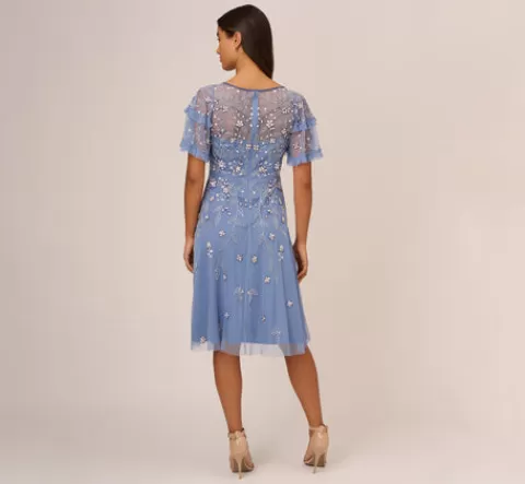 Adrianna Papell Beaded Midi Dress With Sheer Ruffled Sleeves In French Blue FRENCHBLUE Outlet