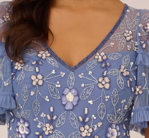 Adrianna Papell Beaded Midi Dress With Sheer Ruffled Sleeves In French Blue FRENCHBLUE Outlet