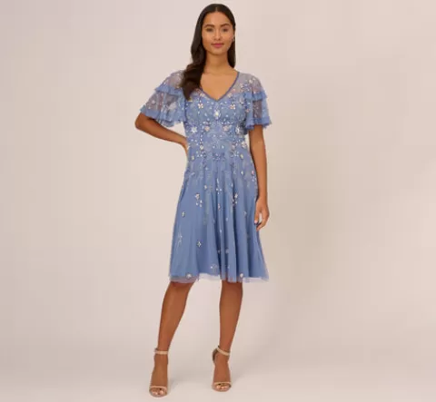 Adrianna Papell Beaded Midi Dress With Sheer Ruffled Sleeves In French Blue FRENCHBLUE Outlet
