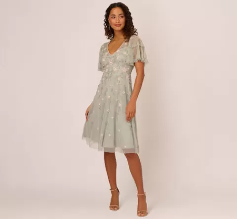 Adrianna Papell Beaded Midi Dress With Sheer Ruffled Sleeves In Frosted Sage FROSTEDSAGE Discount