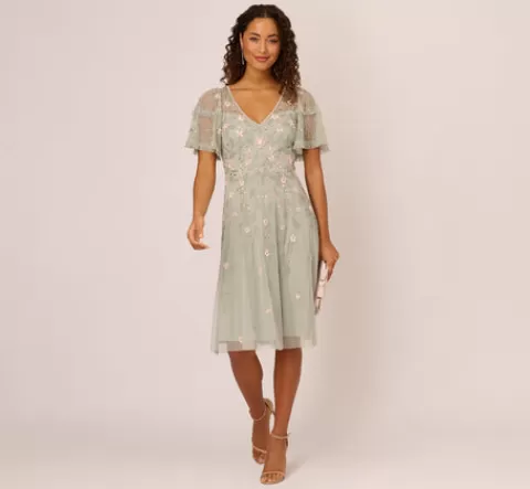 Adrianna Papell Beaded Midi Dress With Sheer Ruffled Sleeves In Frosted Sage FROSTEDSAGE Discount