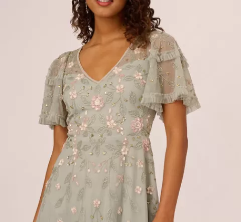 Adrianna Papell Beaded Midi Dress With Sheer Ruffled Sleeves In Frosted Sage FROSTEDSAGE Discount