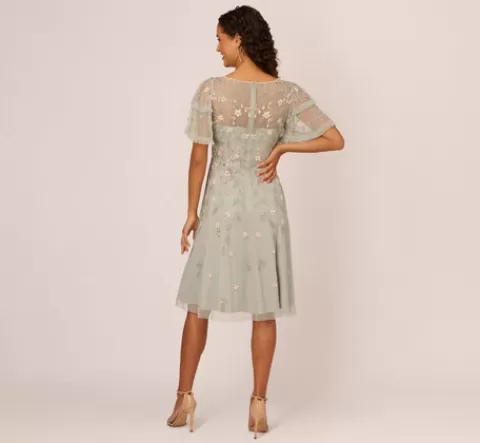 Adrianna Papell Beaded Midi Dress With Sheer Ruffled Sleeves In Frosted Sage FROSTEDSAGE Discount