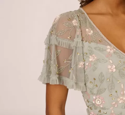 Adrianna Papell Beaded Midi Dress With Sheer Ruffled Sleeves In Frosted Sage FROSTEDSAGE Discount