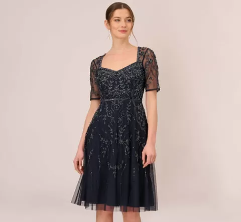 Adrianna Papell Beaded Midi Dress With Sheer Short Sleeves In MIDNIGHT Sale