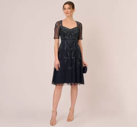 Adrianna Papell Beaded Midi Dress With Sheer Short Sleeves In MIDNIGHT Sale
