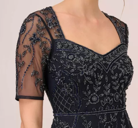 Adrianna Papell Beaded Midi Dress With Sheer Short Sleeves In MIDNIGHT Sale