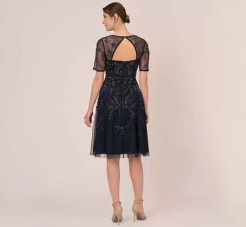 Adrianna Papell Beaded Midi Dress With Sheer Short Sleeves In MIDNIGHT Sale