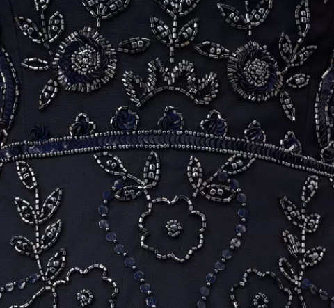 Adrianna Papell Beaded Midi Dress With Sheer Short Sleeves In MIDNIGHT Sale