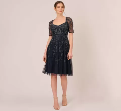 Adrianna Papell Beaded Midi Dress With Sheer Short Sleeves In MIDNIGHT Sale