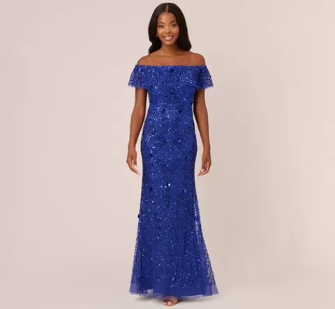 Adrianna Papell Beaded Off The Shoulder Mermaid Gown With Flutter Neck In Ultra Blue ULTRABLUE Online