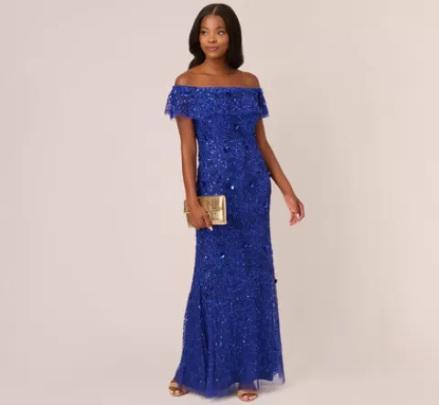 Adrianna Papell Beaded Off The Shoulder Mermaid Gown With Flutter Neck In Ultra Blue ULTRABLUE Online