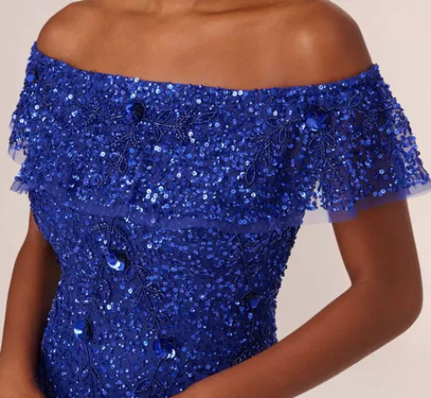 Adrianna Papell Beaded Off The Shoulder Mermaid Gown With Flutter Neck In Ultra Blue ULTRABLUE Online