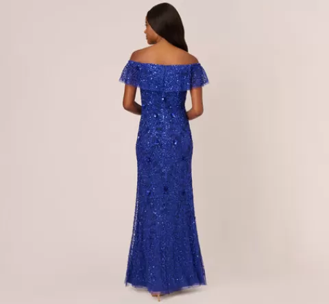 Adrianna Papell Beaded Off The Shoulder Mermaid Gown With Flutter Neck In Ultra Blue ULTRABLUE Online