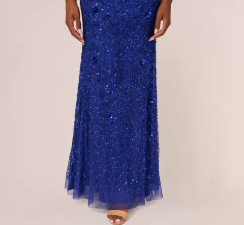 Adrianna Papell Beaded Off The Shoulder Mermaid Gown With Flutter Neck In Ultra Blue ULTRABLUE Online