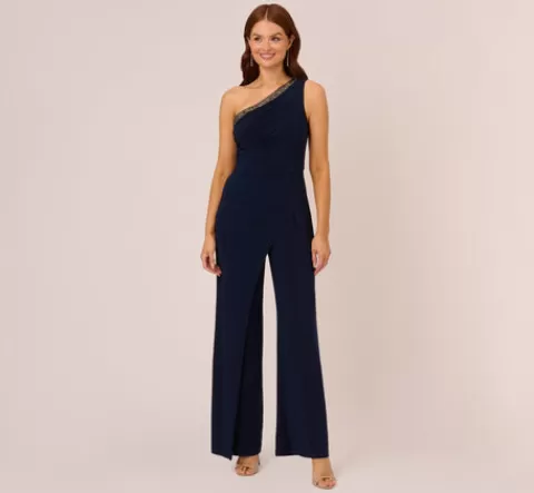 Adrianna Papell Beaded One-Shoulder Matte Jersey Jumpsuit In MIDNIGHT Cheap