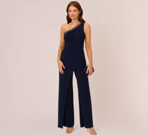 Adrianna Papell Beaded One-Shoulder Matte Jersey Jumpsuit In MIDNIGHT Cheap